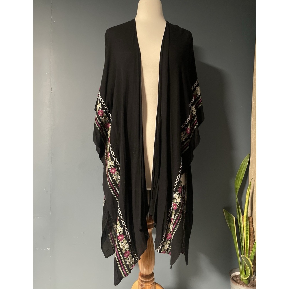 Umgee Kimono Top  Sm Black Floral Embroidered‎ Open Cardigan Western Boho